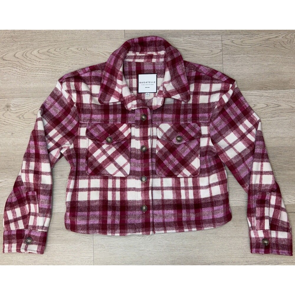 Bagatelle Collection NY Jacket Women M Plaid Cropped Pink Red Cropped Flannel